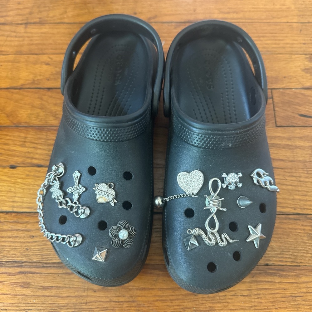 Black Platform Crocs with Silver Charms W8